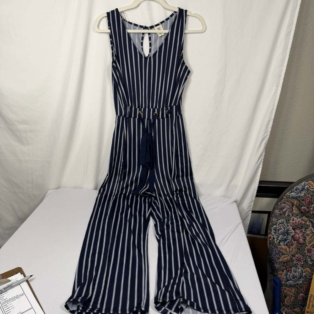 Wrapper Navy Blue and White Striped Sleeveless Wide Leg Jumpsuit Size M